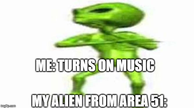 Storm Area 51!!! | ME: TURNS ON MUSIC; MY ALIEN FROM AREA 51: | image tagged in storm area 51 | made w/ Imgflip meme maker