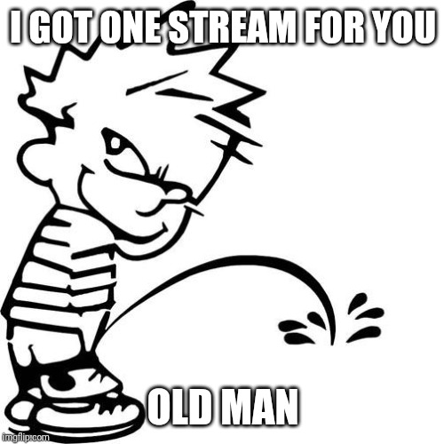 Calvin Peeing | I GOT ONE STREAM FOR YOU OLD MAN | image tagged in calvin peeing | made w/ Imgflip meme maker