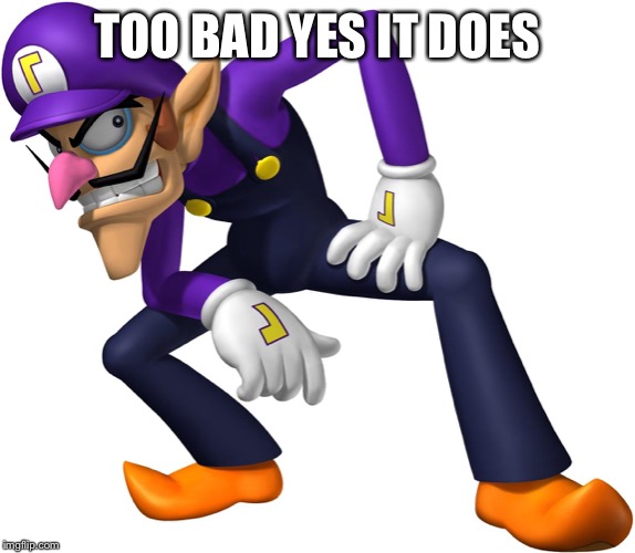 TOO BAD! WALUIGI TIME! | TOO BAD YES IT DOES | image tagged in too bad waluigi time | made w/ Imgflip meme maker
