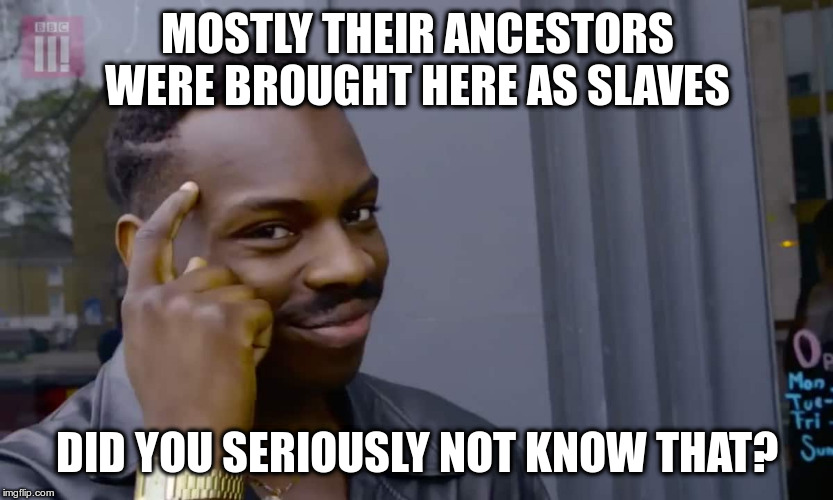 Eddie Murphy thinking | MOSTLY THEIR ANCESTORS WERE BROUGHT HERE AS SLAVES DID YOU SERIOUSLY NOT KNOW THAT? | image tagged in eddie murphy thinking | made w/ Imgflip meme maker