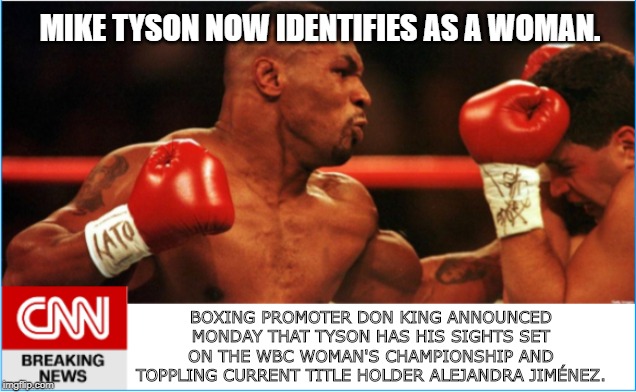 tyson | MIKE TYSON NOW IDENTIFIES AS A WOMAN. BOXING PROMOTER DON KING ANNOUNCED MONDAY THAT TYSON HAS HIS SIGHTS SET ON THE WBC WOMAN'S CHAMPIONSHIP AND TOPPLING CURRENT TITLE HOLDER ALEJANDRA JIMÉNEZ. | image tagged in boxing,mike tyson,identify,breaking news | made w/ Imgflip meme maker