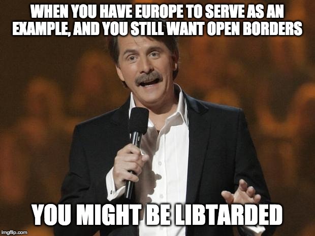 foxworthy | WHEN YOU HAVE EUROPE TO SERVE AS AN EXAMPLE, AND YOU STILL WANT OPEN BORDERS; YOU MIGHT BE LIBTARDED | image tagged in foxworthy | made w/ Imgflip meme maker