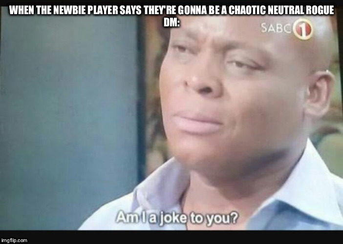 Am I a joke to you? | WHEN THE NEWBIE PLAYER SAYS THEY'RE GONNA BE A CHAOTIC NEUTRAL ROGUE

DM: | image tagged in am i a joke to you | made w/ Imgflip meme maker