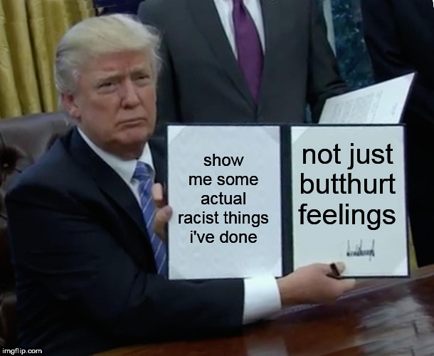 Trump Bill Signing Meme | show me some actual racist things i've done not just butthurt feelings | image tagged in memes,trump bill signing | made w/ Imgflip meme maker