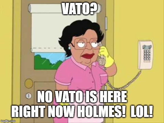 Consuela Meme | VATO? NO VATO IS HERE RIGHT NOW HOLMES!  LOL! | image tagged in memes,consuela | made w/ Imgflip meme maker