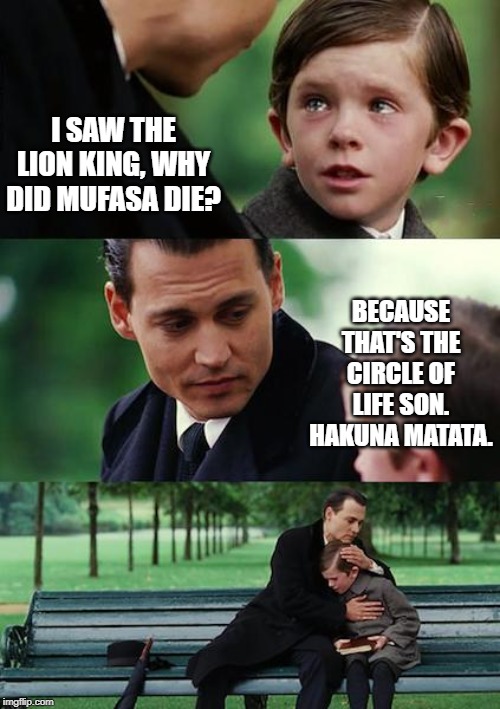 Ahhhhhhhhh Zabeyna! | I SAW THE LION KING, WHY DID MUFASA DIE? BECAUSE THAT'S THE CIRCLE OF LIFE SON. HAKUNA MATATA. | image tagged in memes,finding neverland | made w/ Imgflip meme maker