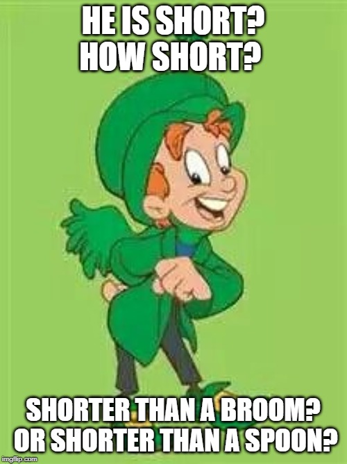 lucky charms leprechaun  | HE IS SHORT?  HOW SHORT? SHORTER THAN A BROOM?  OR SHORTER THAN A SPOON? | image tagged in lucky charms leprechaun | made w/ Imgflip meme maker