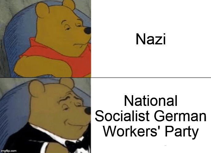 Hey Democratic Socialists, the Nazis were socialists too! | Nazi; National Socialist German Workers' Party | image tagged in memes,tuxedo winnie the pooh,nazis,socialists,democratic socialism | made w/ Imgflip meme maker