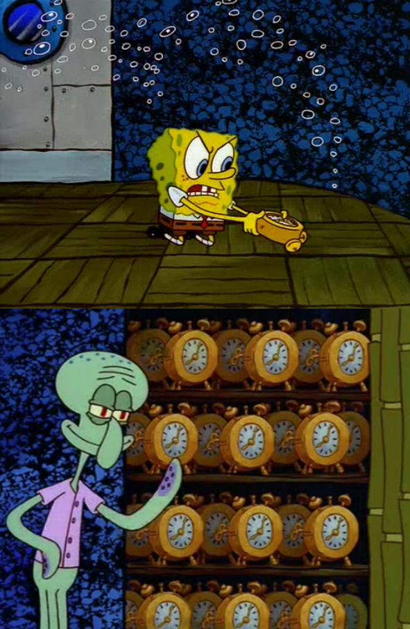 High Quality Spongebob Smashing Clocks Blank Meme Template