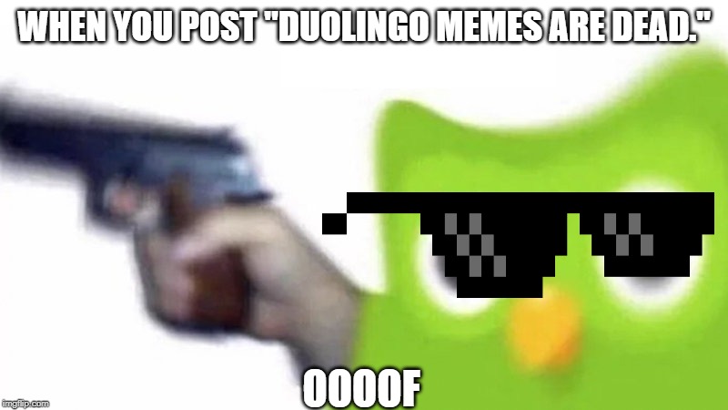 duolingo gun | WHEN YOU POST "DUOLINGO MEMES ARE DEAD."; OOOOF | image tagged in duolingo gun | made w/ Imgflip meme maker
