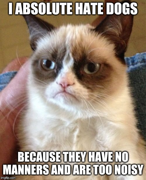 Grumpy Cat Meme | I ABSOLUTE HATE DOGS; BECAUSE THEY HAVE NO MANNERS AND ARE TOO NOISY | image tagged in memes,grumpy cat | made w/ Imgflip meme maker