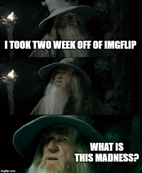 How quickly everything changes | I TOOK TWO WEEK OFF OF IMGFLIP; WHAT IS THIS MADNESS? | image tagged in memes,confused gandalf,imgflip,madness | made w/ Imgflip meme maker