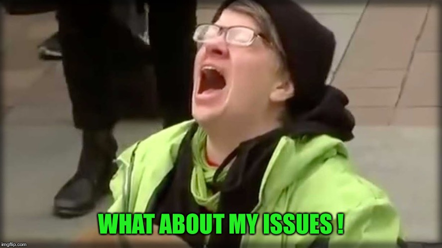 Trump SJW No | WHAT ABOUT MY ISSUES ! | image tagged in trump sjw no | made w/ Imgflip meme maker