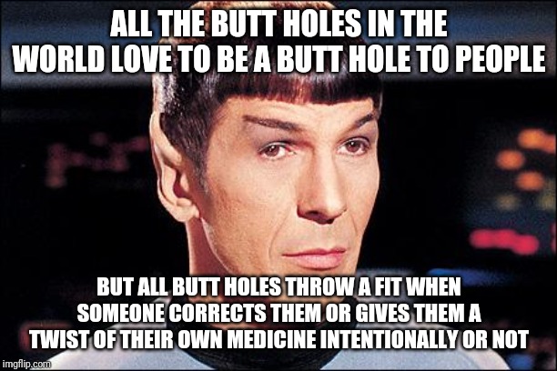 I'm mainly posting this because I had a really butt hole today at work | ALL THE BUTT HOLES IN THE WORLD LOVE TO BE A BUTT HOLE TO PEOPLE; BUT ALL BUTT HOLES THROW A FIT WHEN SOMEONE CORRECTS THEM OR GIVES THEM A TWIST OF THEIR OWN MEDICINE INTENTIONALLY OR NOT | image tagged in condescending spock | made w/ Imgflip meme maker