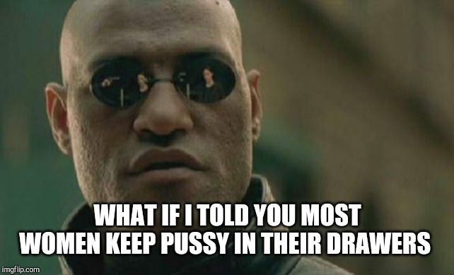 Matrix Morpheus Meme | WHAT IF I TOLD YOU MOST WOMEN KEEP PUSSY IN THEIR DRAWERS | image tagged in memes,matrix morpheus | made w/ Imgflip meme maker