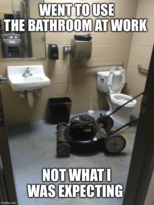 I think the maintenance crew has been drinking | WENT TO USE THE BATHROOM AT WORK; NOT WHAT I WAS EXPECTING | image tagged in unexpected results,bathroom,lawnmower,well shit | made w/ Imgflip meme maker