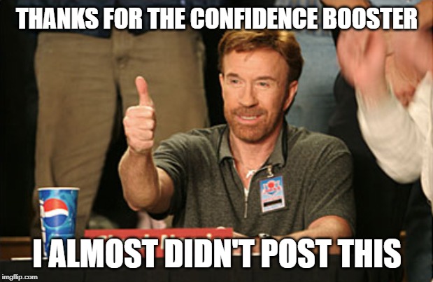 Chuck Norris Approves Meme | THANKS FOR THE CONFIDENCE BOOSTER I ALMOST DIDN'T POST THIS | image tagged in memes,chuck norris approves,chuck norris | made w/ Imgflip meme maker