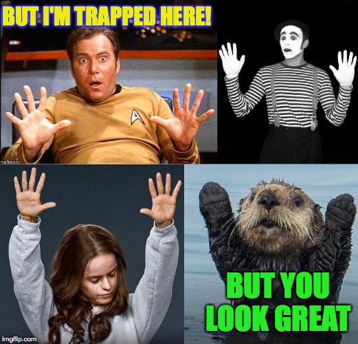 BUT I'M TRAPPED HERE! BUT YOU LOOK GREAT | image tagged in blank white template,mime,offended william shatner | made w/ Imgflip meme maker