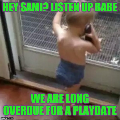 baby phone |  HEY SAMI? LISTEN UP BABE; WE ARE LONG OVERDUE FOR A PLAYDATE | image tagged in baby phone | made w/ Imgflip meme maker