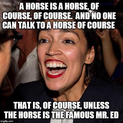 You can lead a liberal to water, but you cannot make the think. | A HORSE IS A HORSE, OF COURSE, OF COURSE.  AND NO ONE CAN TALK TO A HORSE OF COURSE THAT IS, OF COURSE, UNLESS THE HORSE IS THE FAMOUS MR. E | image tagged in oac horseface | made w/ Imgflip meme maker