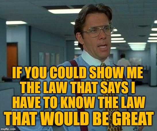 That Would Be Proof | IF YOU COULD SHOW ME 
THE LAW THAT SAYS I 
HAVE TO KNOW THE LAW; THAT WOULD BE GREAT | image tagged in that would be great,so true memes,laws,outlaws,office space,anarchy | made w/ Imgflip meme maker