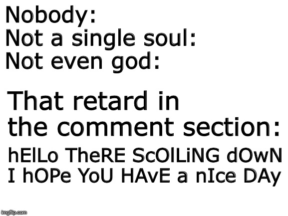 Nobody | Nobody:
Not a single soul:
Not even god:; That retard in the comment section:; hElLo TheRE ScOlLiNG dOwN I hOPe YoU HAvE a nIce DAy | image tagged in blank white template,nobody | made w/ Imgflip meme maker