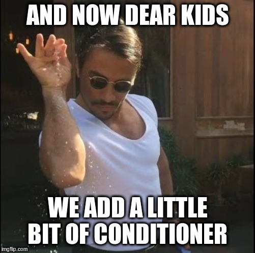 salt bae | AND NOW DEAR KIDS WE ADD A LITTLE BIT OF CONDITIONER | image tagged in salt bae | made w/ Imgflip meme maker