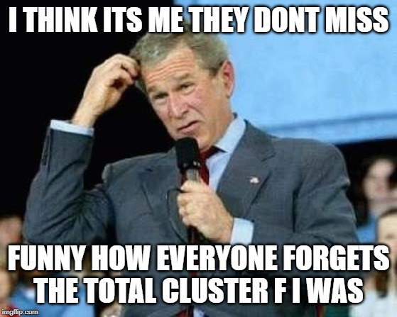 Confused Bush | I THINK ITS ME THEY DONT MISS FUNNY HOW EVERYONE FORGETS THE TOTAL CLUSTER F I WAS | image tagged in confused bush | made w/ Imgflip meme maker