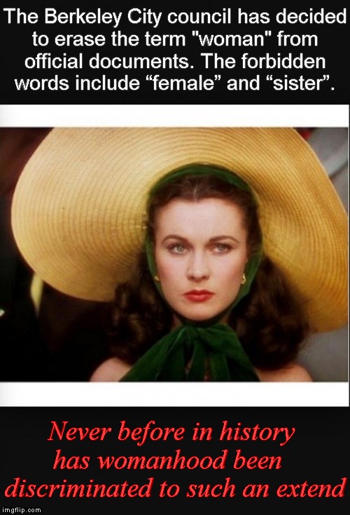 Womanhood | The Berkeley City council has decided
to erase the term "woman" from
official documents. The forbidden words include “female” and “sister”. Never before in history 
has womanhood been  
discriminated to such an extend | image tagged in gone with the wind,memes,berkeley,word ban | made w/ Imgflip meme maker