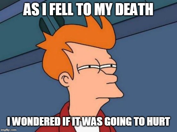 Futurama Fry Meme | AS I FELL TO MY DEATH I WONDERED IF IT WAS GOING TO HURT | image tagged in memes,futurama fry | made w/ Imgflip meme maker