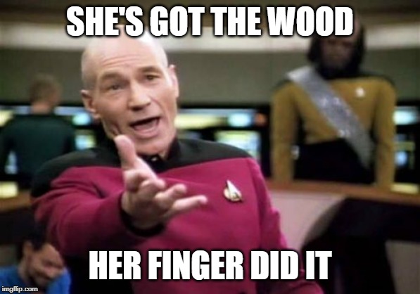 Picard Wtf Meme | SHE'S GOT THE WOOD HER FINGER DID IT | image tagged in memes,picard wtf | made w/ Imgflip meme maker