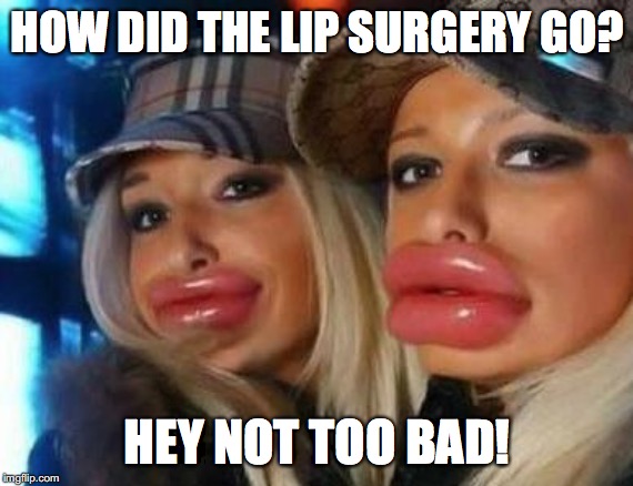 Duck Face Chicks Meme | HOW DID THE LIP SURGERY GO? HEY NOT TOO BAD! | image tagged in memes,duck face chicks | made w/ Imgflip meme maker