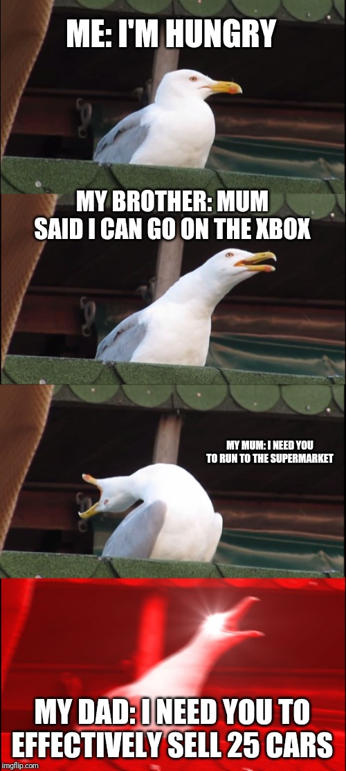 Inhaling Seagull Meme | ME: I'M HUNGRY; MY BROTHER: MUM SAID I CAN GO ON THE XBOX; MY MUM: I NEED YOU TO RUN TO THE SUPERMARKET; MY DAD: I NEED YOU TO EFFECTIVELY SELL 25 CARS | image tagged in memes,inhaling seagull | made w/ Imgflip meme maker