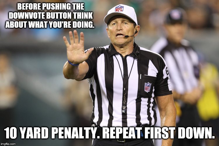 Ed Hochuli Fallacy Referee | BEFORE PUSHING THE DOWNVOTE BUTTON THINK ABOUT WHAT YOU'RE DOING. 10 YARD PENALTY. REPEAT FIRST DOWN. | image tagged in ed hochuli fallacy referee | made w/ Imgflip meme maker