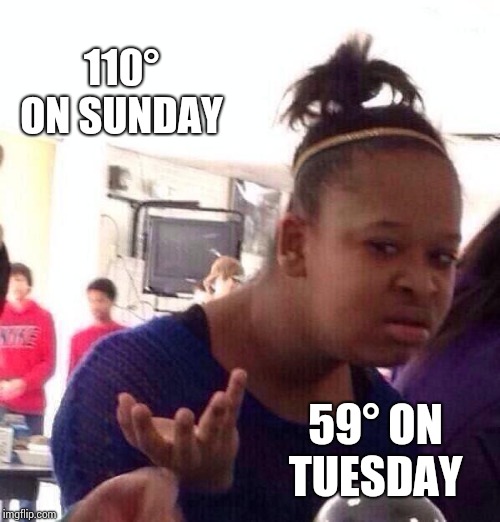 Over Heated | 110° ON SUNDAY; 59° ON TUESDAY | image tagged in memes,black girl wat,global warming,heat,baby it's cold outside,too hot | made w/ Imgflip meme maker