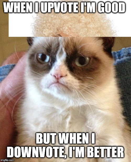 Grump Cat | WHEN I UPVOTE I'M GOOD BUT WHEN I DOWNVOTE, I'M BETTER | image tagged in grump cat | made w/ Imgflip meme maker
