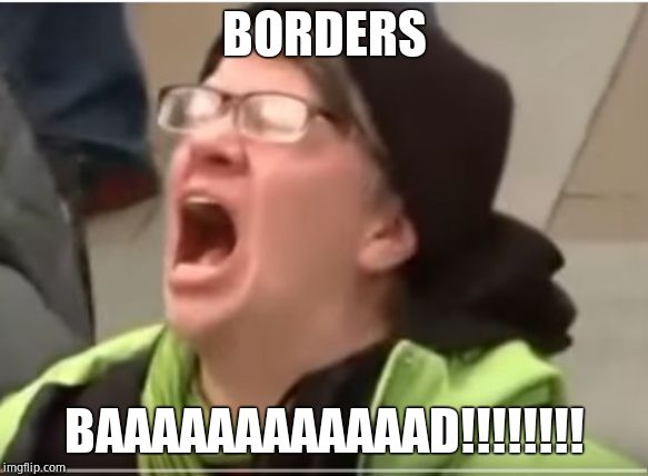 Screaming Liberal | BORDERS BAAAAAAAAAAAAD!!!!!!!! | image tagged in screaming liberal | made w/ Imgflip meme maker