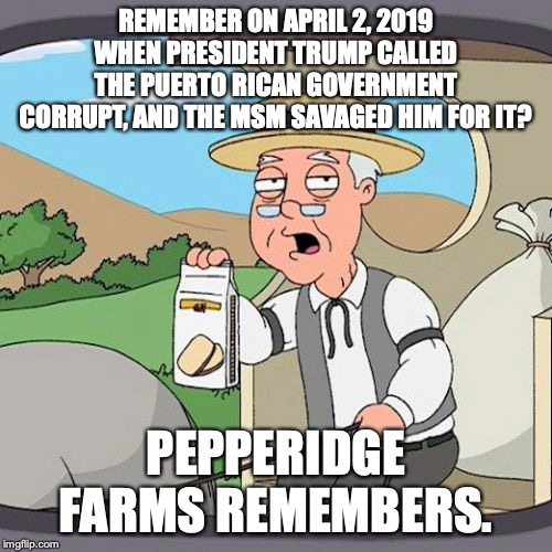 President Trump was right, and the entire MSM was wrong. What else is new? | REMEMBER ON APRIL 2, 2019 WHEN PRESIDENT TRUMP CALLED THE PUERTO RICAN GOVERNMENT CORRUPT, AND THE MSM SAVAGED HIM FOR IT? PEPPERIDGE FARMS REMEMBERS. | image tagged in 2019,president trump,puerto rico,corruption,msm | made w/ Imgflip meme maker