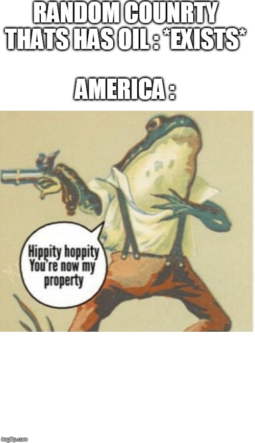 Hippity hoppity, you're now my property | RANDOM COUNRTY THATS HAS OIL : *EXISTS*; AMERICA : | image tagged in hippity hoppity you're now my property | made w/ Imgflip meme maker