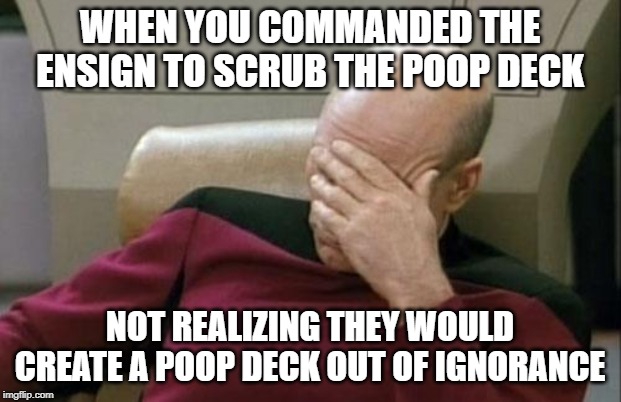 Any deck can be one! | WHEN YOU COMMANDED THE ENSIGN TO SCRUB THE POOP DECK; NOT REALIZING THEY WOULD CREATE A POOP DECK OUT OF IGNORANCE | image tagged in memes,captain picard facepalm,poop deck,ensign,scrub | made w/ Imgflip meme maker