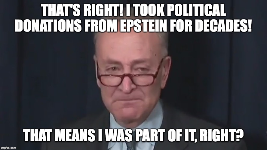 Chuck Schumer Crying | THAT'S RIGHT! I TOOK POLITICAL DONATIONS FROM EPSTEIN FOR DECADES! THAT MEANS I WAS PART OF IT, RIGHT? | image tagged in chuck schumer crying | made w/ Imgflip meme maker