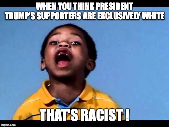 That's racist 2 | WHEN YOU THINK PRESIDENT TRUMP'S SUPPORTERS ARE EXCLUSIVELY WHITE THAT'S RACIST ! | image tagged in that's racist 2 | made w/ Imgflip meme maker