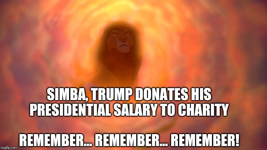 Remember | SIMBA, TRUMP DONATES HIS PRESIDENTIAL SALARY TO CHARITY; REMEMBER... REMEMBER... REMEMBER! | image tagged in remember | made w/ Imgflip meme maker