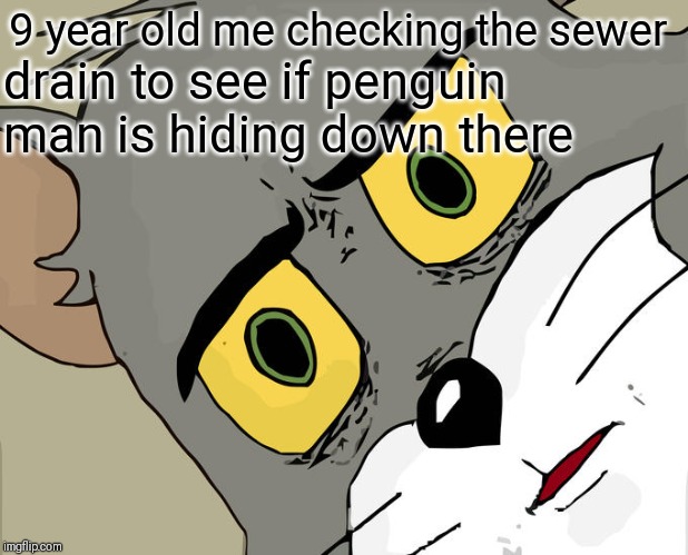 Unsettled Tom Meme |  9 year old me checking the sewer; drain to see if penguin man is hiding down there | image tagged in memes,unsettled tom | made w/ Imgflip meme maker