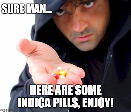 sketchy drug dealer | SURE MAN... HERE ARE SOME INDICA PILLS, ENJOY! | image tagged in sketchy drug dealer | made w/ Imgflip meme maker
