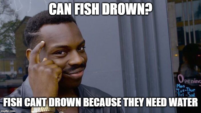 Roll Safe Think About It Meme | CAN FISH DROWN? FISH CANT DROWN BECAUSE THEY NEED WATER | image tagged in memes,roll safe think about it | made w/ Imgflip meme maker