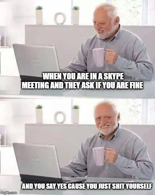 Hide the Pain Harold Meme | WHEN YOU ARE IN A SKYPE MEETING AND THEY ASK IF YOU ARE FINE; AND YOU SAY YES CAUSE YOU JUST SHIT YOURSELF | image tagged in memes,hide the pain harold | made w/ Imgflip meme maker