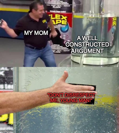 Flex Tape | MY MOM; A WELL CONSTRUCTED ARGUMENT; "DON'T DISRESPECT ME, YOUNG MAN!" | image tagged in flex tape,memes,funny,dank memes,mom,relatable | made w/ Imgflip meme maker