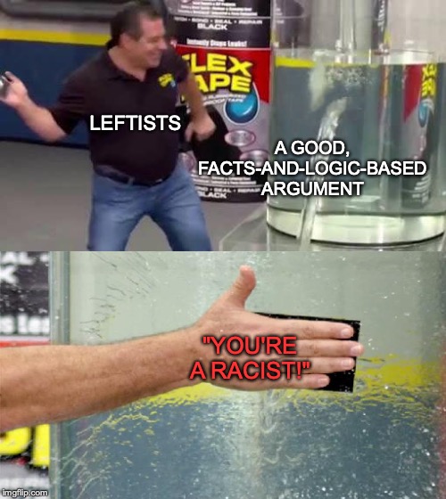 Flex Tape | LEFTISTS; A GOOD, FACTS-AND-LOGIC-BASED ARGUMENT; "YOU'RE A RACIST!" | image tagged in flex tape,memes,funny,dank memes,politics,liberals | made w/ Imgflip meme maker