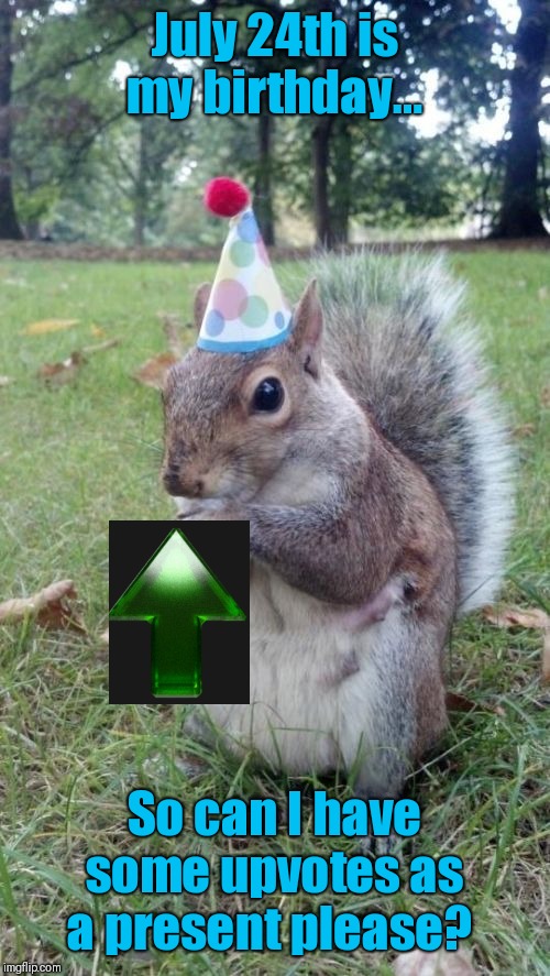 Happy Birthday | July 24th is my birthday... So can I have some upvotes as a present please? | image tagged in memes,super birthday squirrel | made w/ Imgflip meme maker